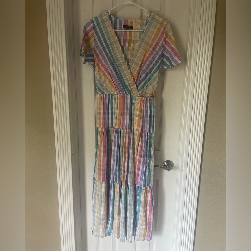 J.CREW Faux-wrap Midi Dress rainbow gingham print